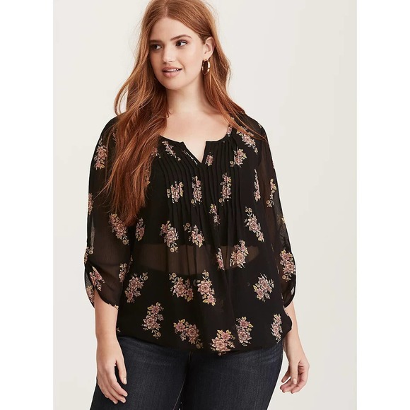torrid Tops - Torrid Sheer Floral Pintuck Chiffon Blouse Black Top Plus Size 1 1X H13849